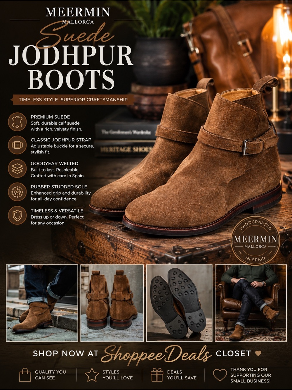 Meermin Mallorca Brown Suede Jodhpur Boots – Goodyear Welted – Men’s